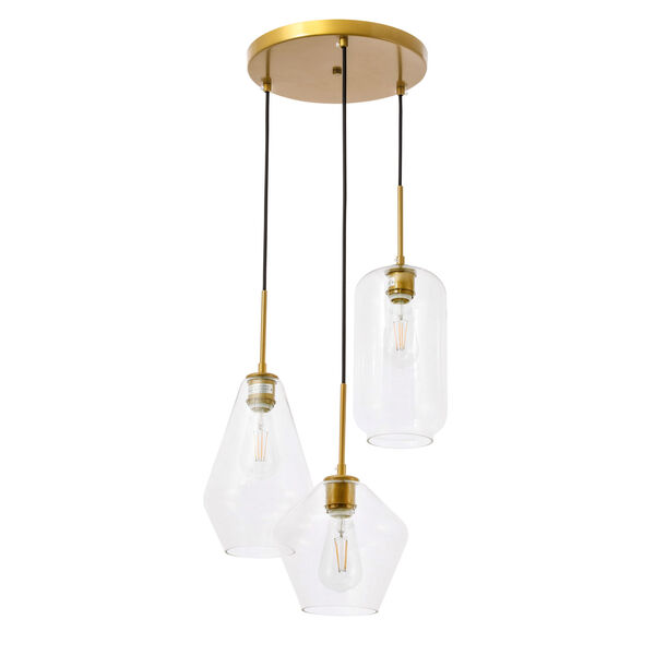 Gene Brass 17-Inch Three-Light Pendant with Clear Glass, image 5