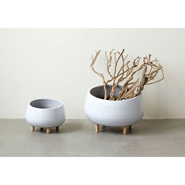 White 12.5 In. Round Ceramic Planter with Wood Feet, image 1