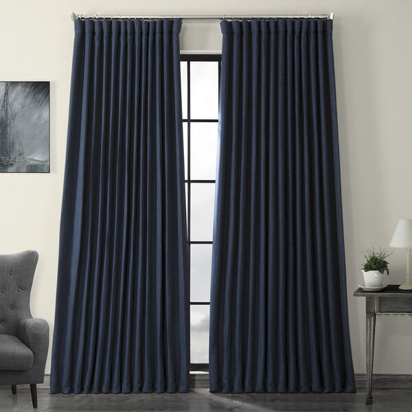 Blue Faux Linen Extra Wide Blackout Curtain Single Panel, image 1