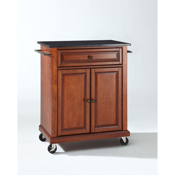 Solid Black Granite Top Portable Kitchen Cart/Island in Classic Cherry Finish, image 1