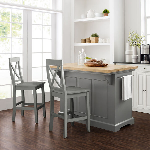 Julia Gray Wood Top Kitchen Island with X-Back Stool, 3-Piece, image 2