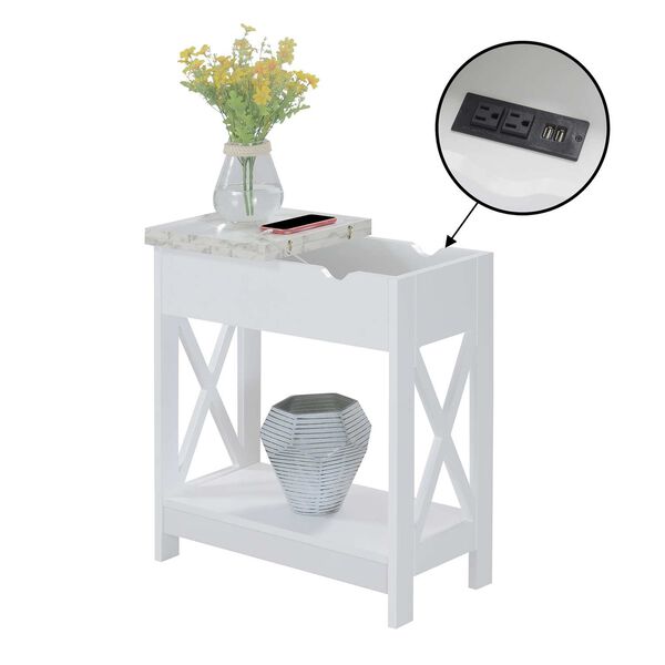 Oxford White Faux Marble White Flip Top End Table with Charging Station and Shelf, image 5