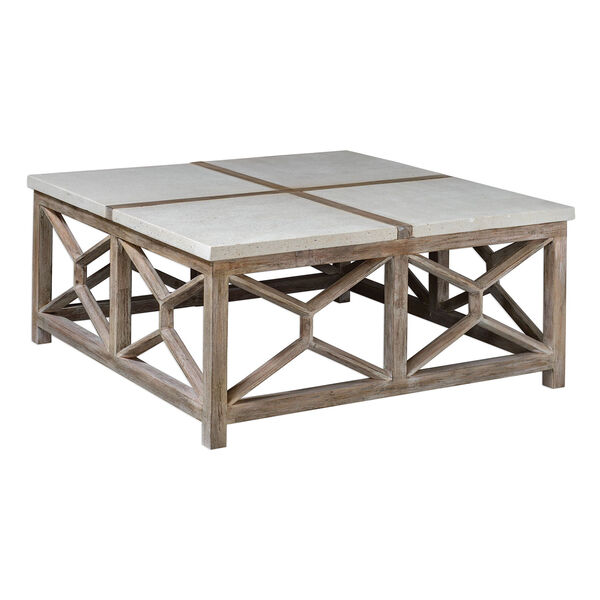 Catali Ivory Limestone and Oatmeal Washed Wood Coffee Table, image 1