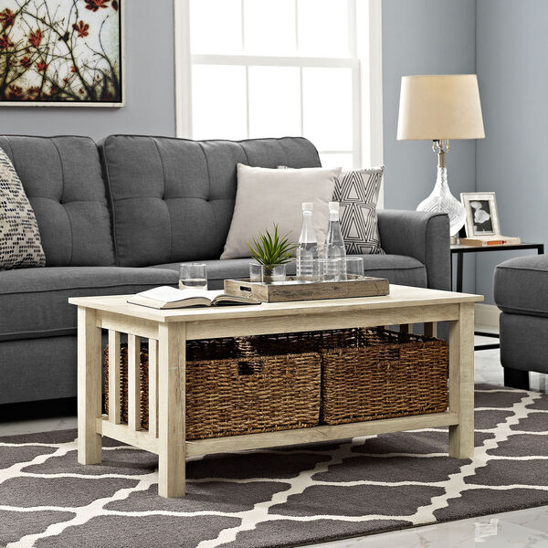 40-Inch Wood Storage Coffee Table with Totes - White Oak, image 1