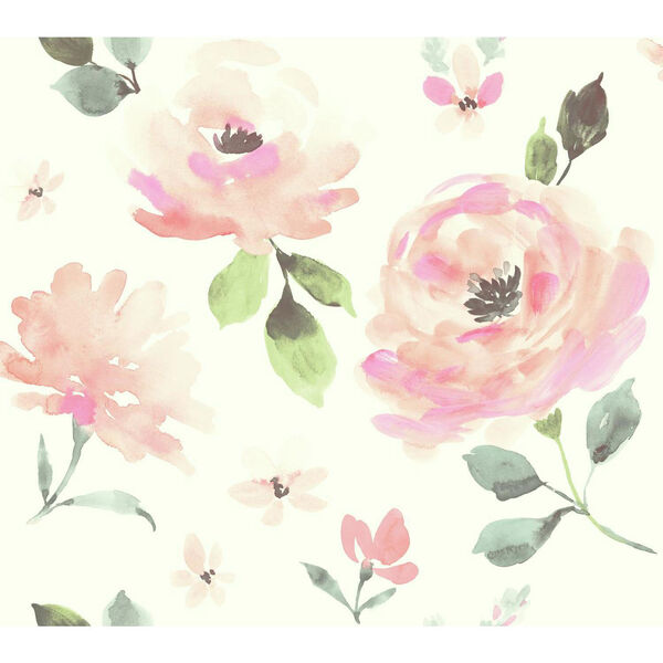Young At Heart Watercolor Blooms Pink, Orange and Green Wallpaper, image 1