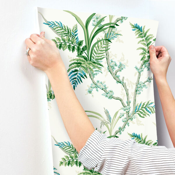Grandmillennial Blue Green Enchanted Fern Pre Pasted Wallpaper - SAMPLE SWATCH ONLY, image 3