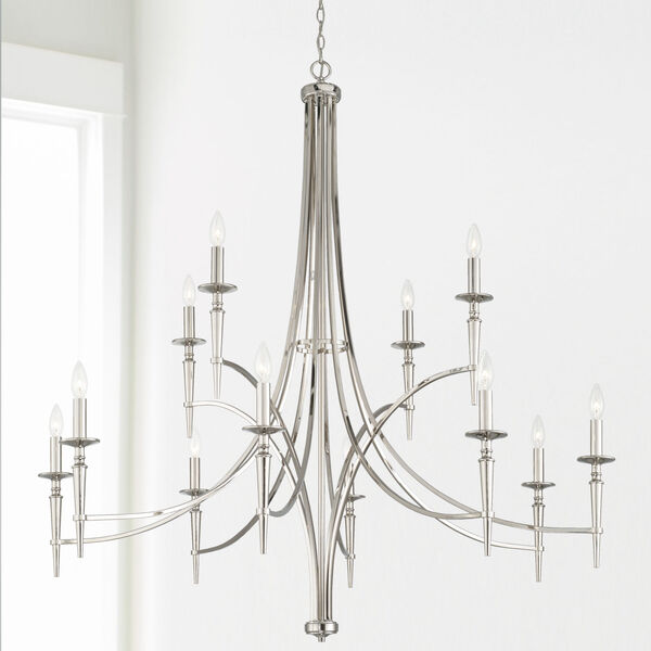 Abbie Polished Nickel and White 12-Light Chandelier with White Fabric Stay Straight Shades, image 5