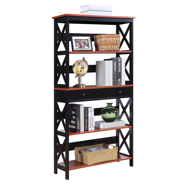 Oxford 5 Tier Bookcase with Drawer in Cherry and Black, image 5