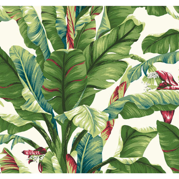Ashford House Tropics White and Teal Green Banana Leaf Wallpaper, image 1