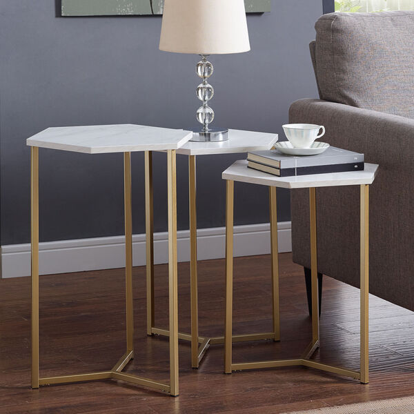Faux White Marble and Gold Nesting Tables, Set of 3, image 1