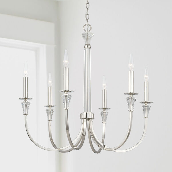 Laurent Polished Nickel Six-Light Chandelier with Crystal Column and Bobeches, image 2