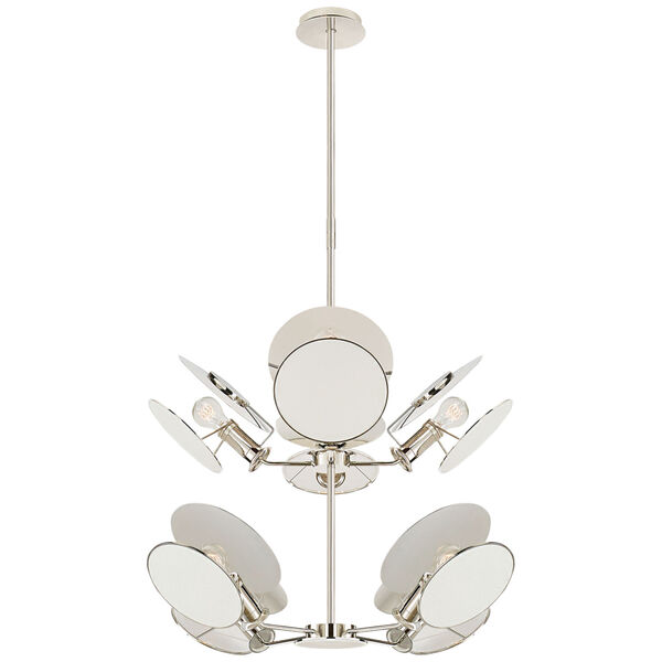 Osiris Medium Reflector Chandelier in Polished Nickel with Linen Diffusers by Thomas O'Brien, image 1