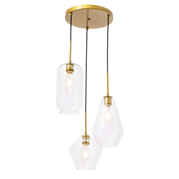 Gene Brass 17-Inch Three-Light Pendant with Clear Glass, image 6