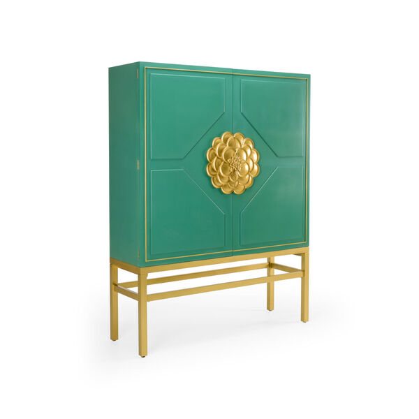 Shayla Copas Teal Green and Metallic Satin Gold Bar Cabinet, image 1
