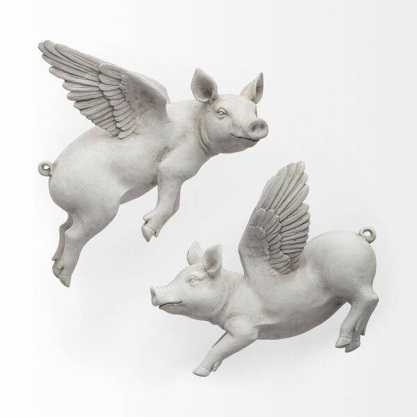 Hogbadi White Flying Pig Wall Sculpture, Set of Two, image 2