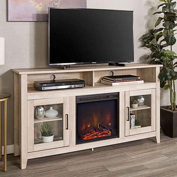 58-Inch Wood Highboy Fireplace Media TV Stand Console - White Oak, image 1