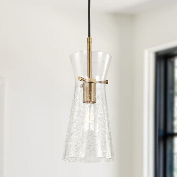 Mila Aged Brass One-Light Mini Pendant with Clear Half-Crackle Tapered Glass, image 2