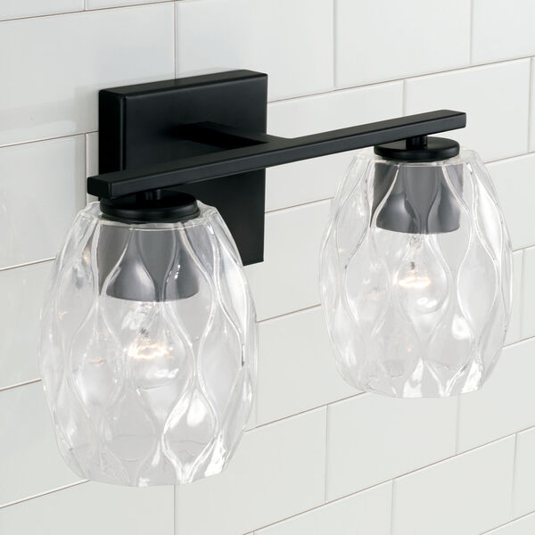 Lucas Matte Black Two-Light Vanity with Wavy Embossed Glass, image 2