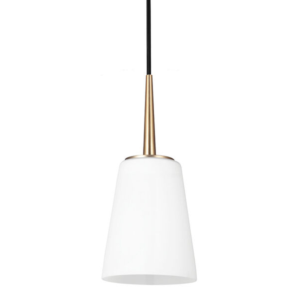 Driscoll Satin Brass One Light Mini Pendant with with Etched Glass Painted White Inside, image 1