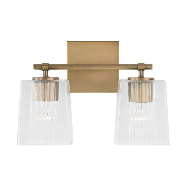 Lexi Aged Brass Two-Light Bath Vanity with Clear Fluted Square Glass Shades, image 2