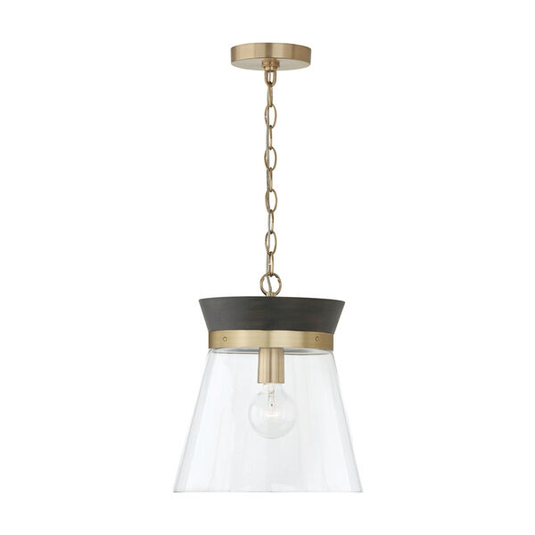 Finn Black Stain and Matte Brass One-Light Pendant with Clear Glass, image 1