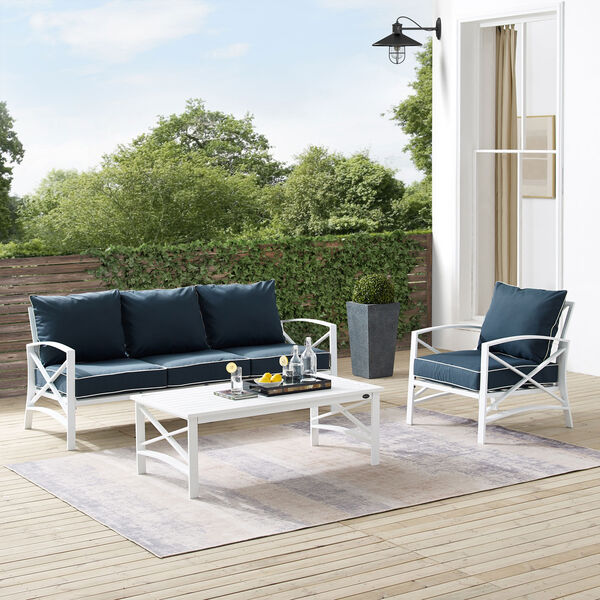 Kaplan Navy and White Outdoor Sofa Set with Coffee Table, Three-Piece, image 1