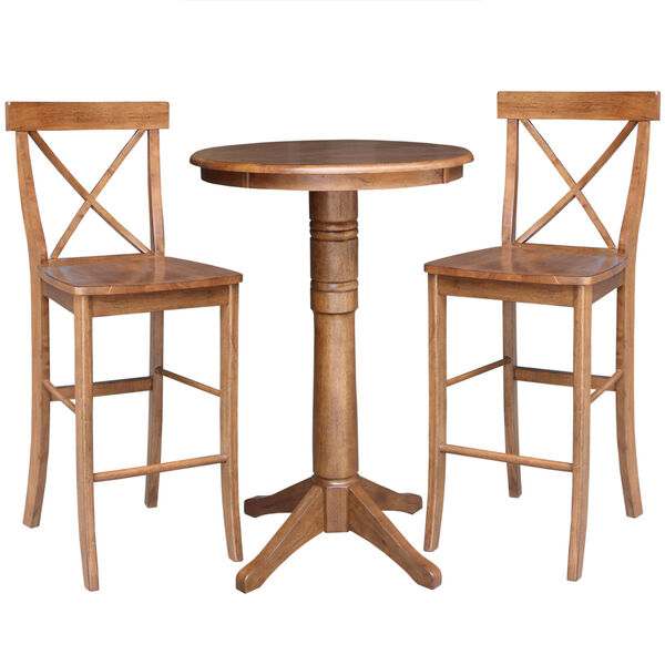 Distressed Oak 30-Inch Round Pedestal Bar Height Table with Two X-Back Stool, Set of Three, image 1