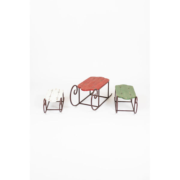Multicolor Painted Wood and Metal Sleighs, Set of 3, image 1
