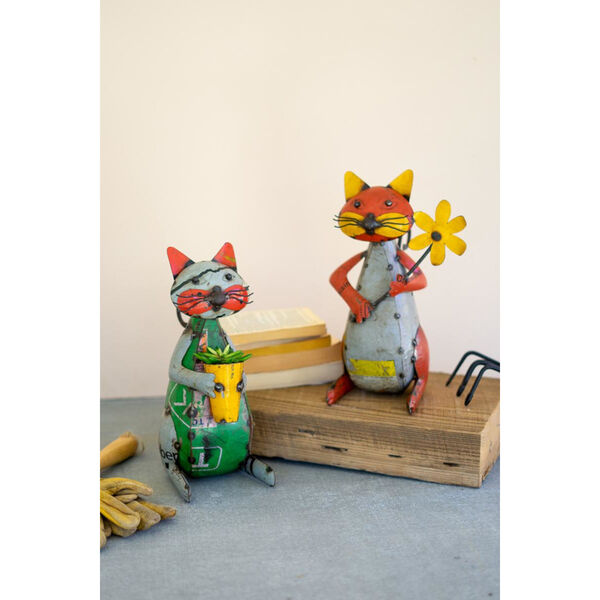 Multicolor Recycled Iron Cats with Flower Pot, Set of Two, image 1