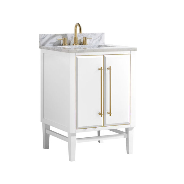 White 25-Inch Bath vanity Set with Gold Trim and Carrara White Marble Top, image 2