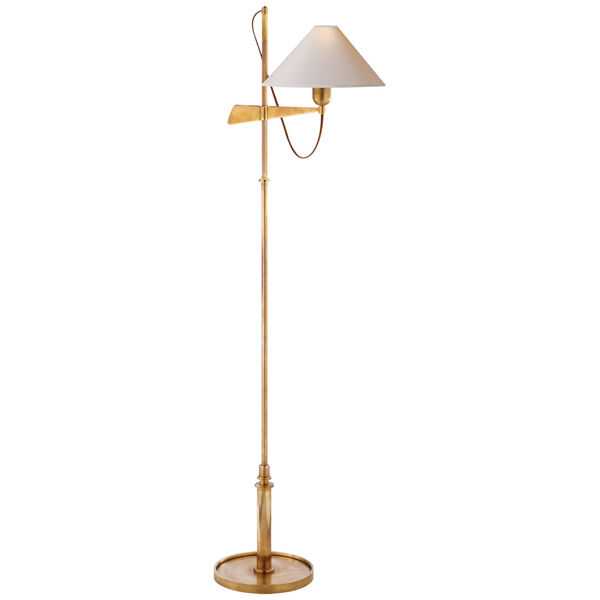 Hargett Bridge Arm Floor Lamp in Hand-Rubbed Antique Brass with Natural Paper Shade by J. Randall Powers, image 1