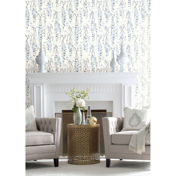 Ronald Redding Tea Garden White and Blue Willow Branches Wallpaper, image 5