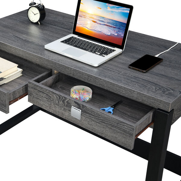 Newport Weathered Gray and Black Two-Drawer Desk with Charging Station, image 5