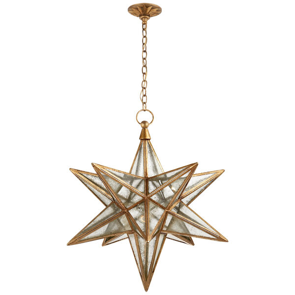 Moravian Large Star Lantern in Gilded Iron with Antique Mirror by Chapman and Myers, image 1