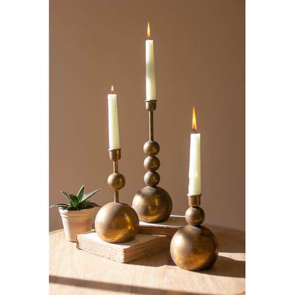 Rattan Wood Antique Brass Taper Candle Holders, Set of Three, image 1