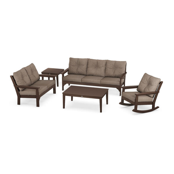 Vineyard Mahogany and Spiced Burlap Deep Seating Set with Rectangular Table, 6-Piece, image 1