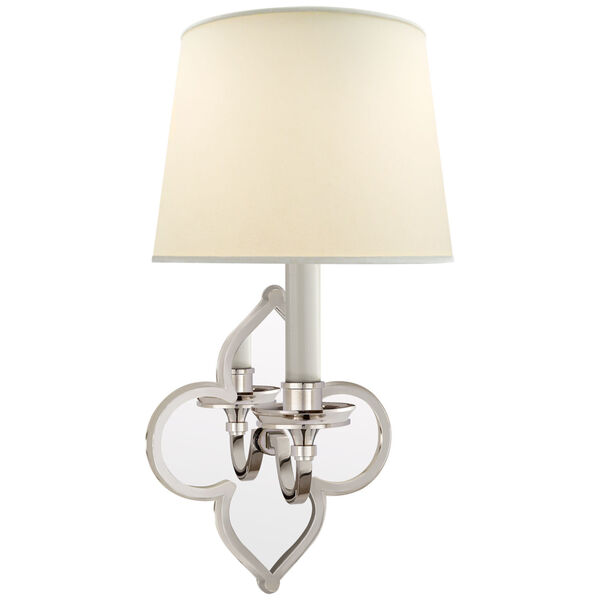 Lana Single Sconce in Polished Nickel and Mirror with Natural Percale Shade by Alexa Hampton, image 1