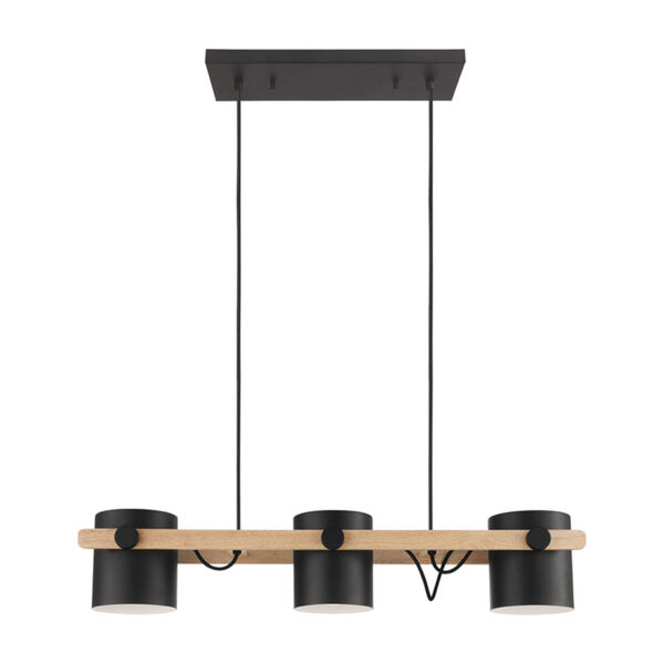 Hornwood Black and Natural Three-Light Pendant with Black Exterior and White Interior Metal Shade, image 1