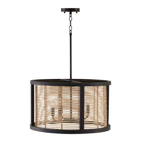 Rico Flat Black Four-Light Pendant Made with Handcrafted Mango Wood and Rattan, image 3