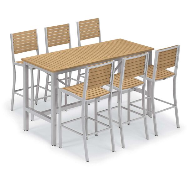 Travira Natural Seven-Piece Outdoor Bar Table and Slat Bar Chair Set, image 1