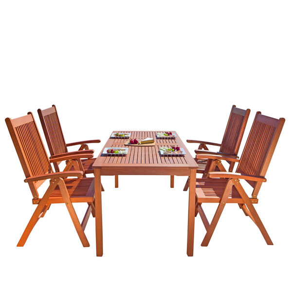 Malibu Outdoor 5-piece Wood Patio Dining Set with Reclining Chairs, image 1