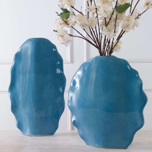 Ruffled Feathers Gloss Blue Vases, Set of 2, image 1