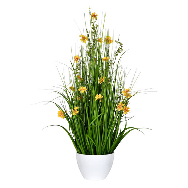 Green and Yellow 31-Inch Cosmos Grass with White Pot, image 1