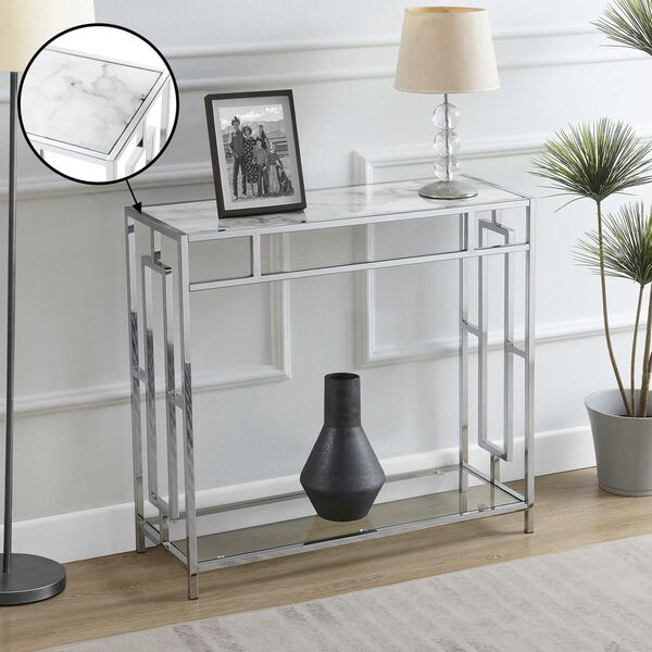 Town Square White Marble Glass Chrome Marble Glass Hall Table with Shelf, image 2