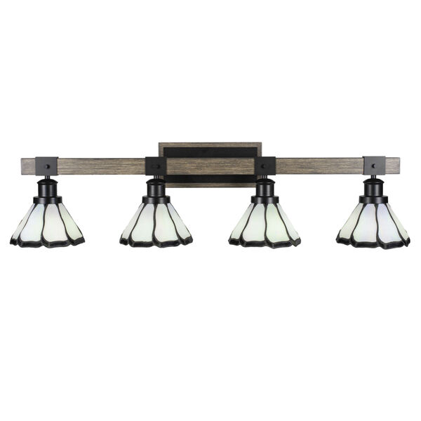 Tacoma Matte Black and Distressed Wood-lock Metal 38-Inch Four-Light Bath Light with Pearl and Black Flair Art Glass Shade, image 1