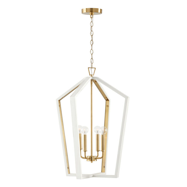 Maren Flat White and Matte Brass Four-Light Pendant Made with Handcrafted Mango Wood, image 1