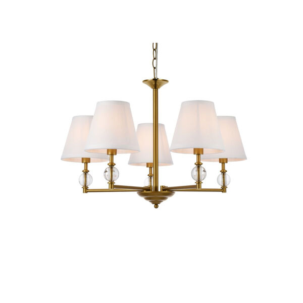 Bethany Brass and White Fabric Shade Five-Light Pendant, image 3