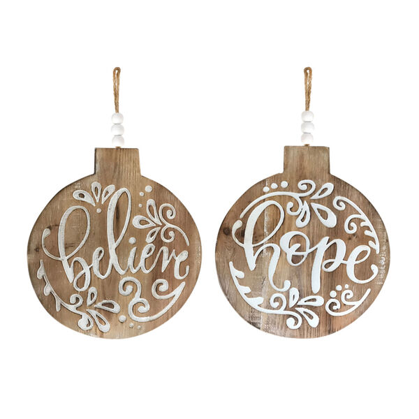 White Wooden Believe and Hope Novelty Ornament, Set of Six, image 1