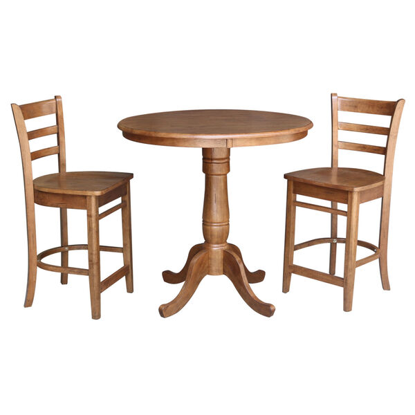 Emily Distressed Oak 36-Inch Round Top Pedestal Table with Two Counter Height Stool, Set of Three, image 2