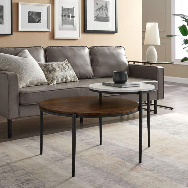 Ella Faux White Marble and Dark Walnut Round Two-Tiered Coffee Table, image 1